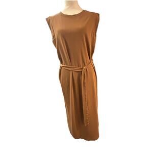 Haven Well Within Shift Dress Caramel Belted Midi Sz Lg Minimalist Office Wear